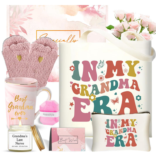 Grandma Birthday Gifts, Mothers Day Gifts for Grandma from Granddaughter Grandson, Uniuqe Christmas Easter Basket with Tote Bag Makeup Bag