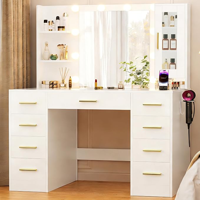 Vanity Desk with Mirror and Lights, Large 43" Makeup Vanity Desk with 9 Drawers and Power Outlet, 3 Open Shelves, White and Gold