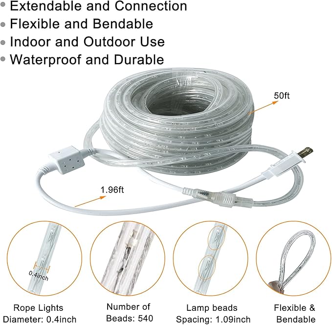 SURNIE LED Rope Lights Outdoor Warm White, Waterproof 50FT Cuttable 3000K Lighting Indoor 110V Connectable Flexible Electric Lights for Christmas Trees Bedroom Outside Patio Decor, Not Flat Strip