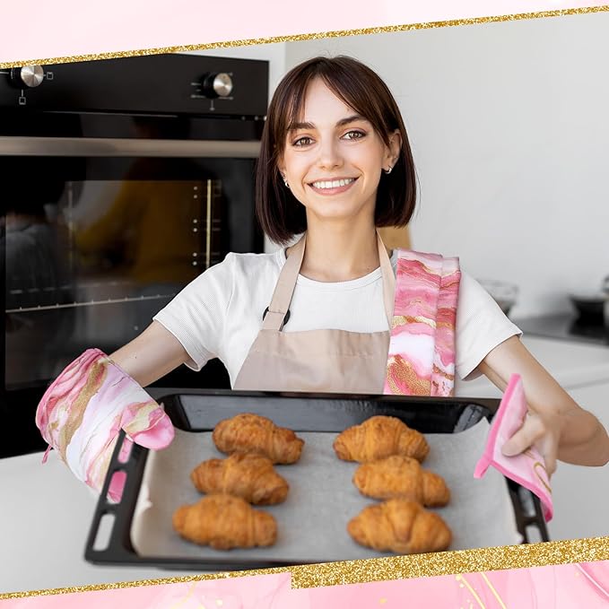 Bencailor 6 Pcs Marble Kitchen Decor Gold Pot Holders Oven Mitts 2 Dish Towels 2 Farmhouse Cooking Mittens Oven Glove and Potholder for Baking Cooking Grilling Supply Accessories(Pink)