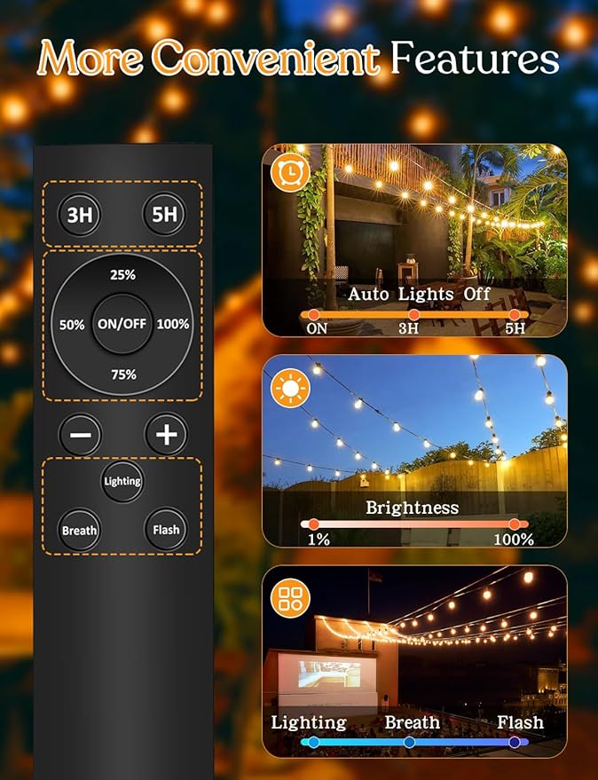GHUSTAR 150ft Solar Outdoor String Lights with Remote - USB Rechargeable Solar Powered Outdoor Patio Lights - Timer, Dimmable Shatterproof ST38 Bulbs for Backyard, Garden, Pool