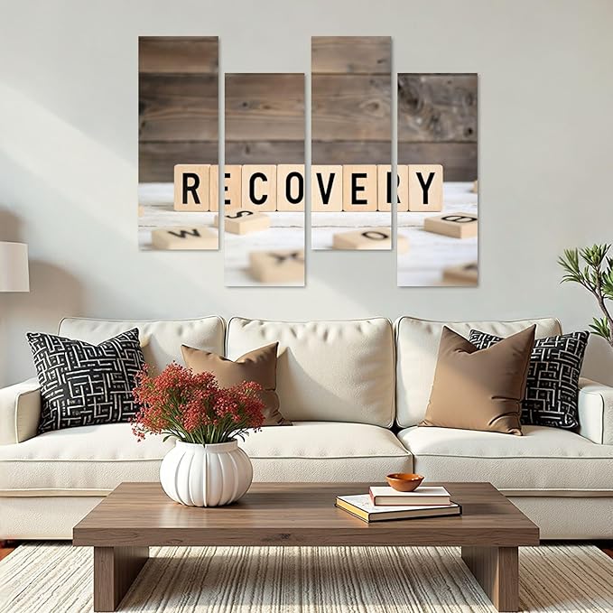 Canvas Wall Art Prints Pictures Recovery from wooden letters Framed Posters Modern Wall Painting Artwork Gift Home Decor for Living Room Ready to Hang 4 Panel