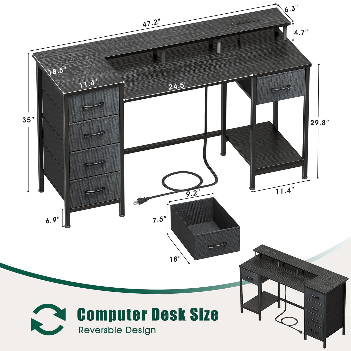 Korfile 47 Inch Gaming Desk with Power Outlets and LED Lights, Reversible Computer Desk with 5 Fabric Storage Drawers, Home Office Desk with Monitor Stand for Working Writing Study, Black