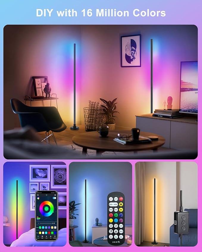 RGB LED Floor Lamp, RGB LED Corner Lamp with Music Sync, Remote Control Color Changing Ambience Light, 16 Million DIY Colors Timer Setting for Living Rooms, Bedrooms and Gaming Rooms