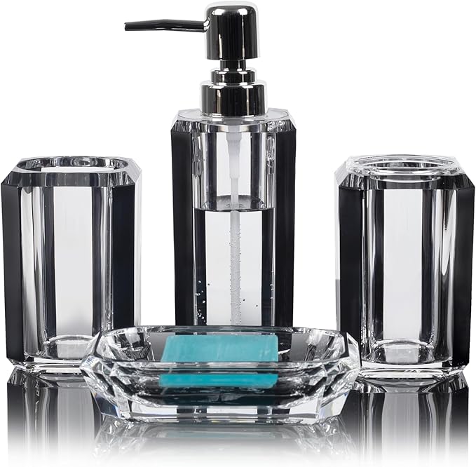 4-Piece Black Bathroom Accessories Set — Soap Dispenser, Soap Dish, Mouthwash Cup & Toothbrush Holder, Glossy Acrylic with Brushed Black Accent, Gift-Ready Home Decor