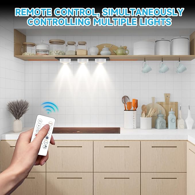 LED Puck Lights with Remote Control, Wireless Under Cabinet Lighting,Color Changing Lights with Dimmer and Timer, AAA Battery Operated Powered Push Night Lights (12 Pack White)