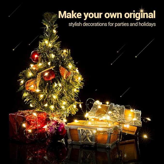 MASHANG Christmas Lights Battery String Lights 33FT 100 Micro LEDs Starry Lights Fairy Lights Firefly Lights with Dark Green Copper Wire for Christmas Tree, Wreath, DIY, Wedding, Holiday(Warm White)