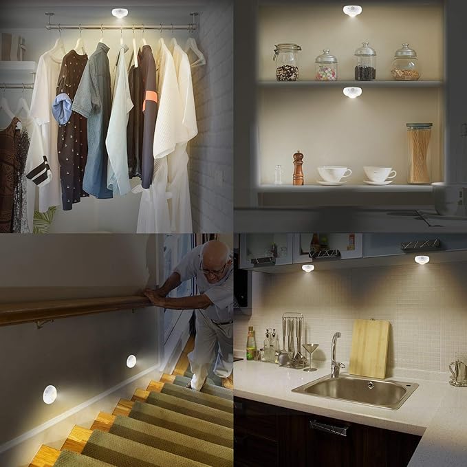 BIGLIGHT Battery Powered Motion Sensor Light, Battery Operated Puck Lights, Wireless LED Night Lights, Stick on Wall Lights for Closet Shelf Cabinet Pantry Counter Stairs Steps