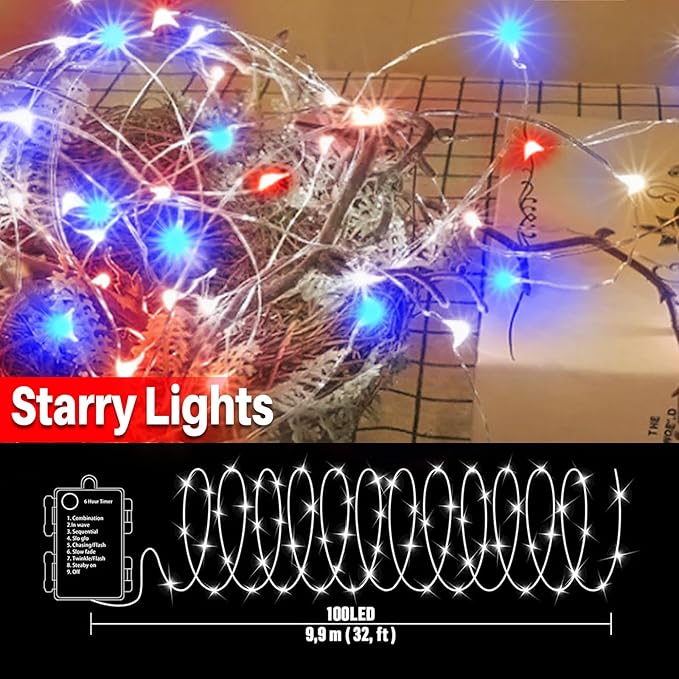 LAMPHOME Patriotic Fairy Lights Battery Operated, 33Ft 100 LEDs Waterproof Twinkle Firefly Lights,Starry String Light for Independence Day Patriotic Holidays Decoration (Red, White & Blue)
