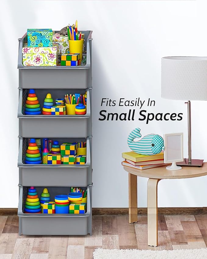 TidyFriend 4 Pack Stackable Storage Bins Open Front for Pantry Organizers and Storage, Plastic Storage Bins for Garage Organization, Garage Storage Bins for Shelves, Racks, Tools & Supplies (Grey)
