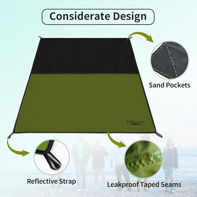 Frelaxy Pocket Picnic Blanket, Waterproof Beach Blanket, Compact Camping Blanket, Lightweight Outdoor Blanket for Beach Festival Camp Picnic Hiking Travel (Army Green, 28'' x 47'')