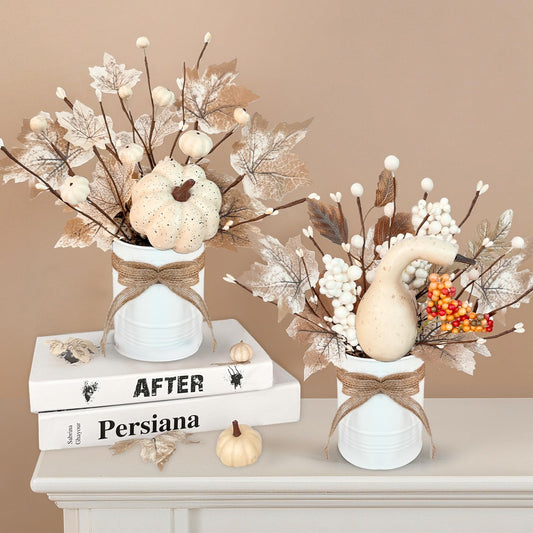 2 Pack 12" Thanksgiving Decorations Thanksgiving Centerpieces for Dinner Table Potted White Maple Arrangement in Metal Pot White Pumpkin Berried Autumn Thanksgiving Table Decor for Home Kitchen Office"