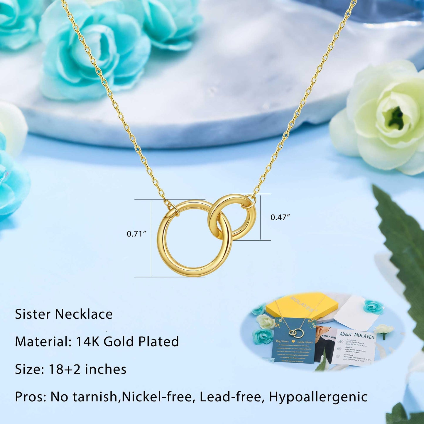 MOLAYES Sister Necklace Necklace gift for Sisters gifts – 14K Gold Interlocking Circles Pendant, Birthday Graduation Gifts from Sister (SISTER-NECKLACE)