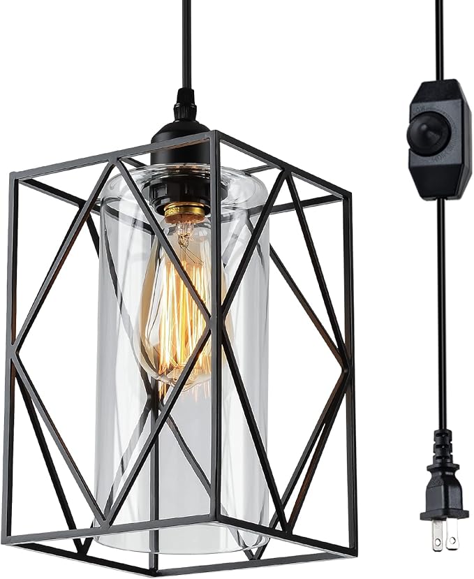 HMVPL Plug in Pendant Light with Dimmer Switch, Outdoor Farmhouse Hanging Lights Fixtures for Gazebo and Porch, Plug in Ceiling Light for Kitchen Island Table Bedroom Hallway Foyer