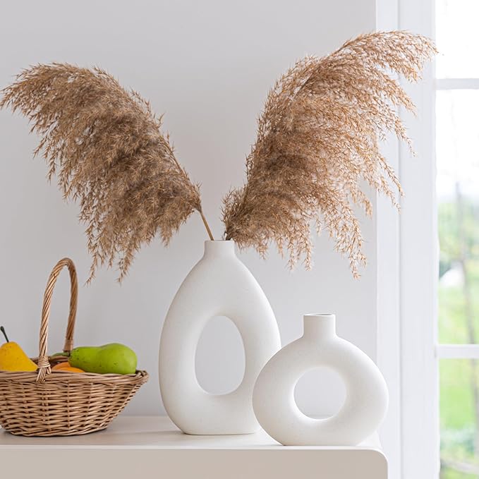 White Ceramic Vase Set of 2 for Modern Home Decor, Round Matte Donut Vases for Pampas Grass, Boho Nordic Minimalism Style Modern Flower Vases for Living Room Table Bookshelf Office Bedroom