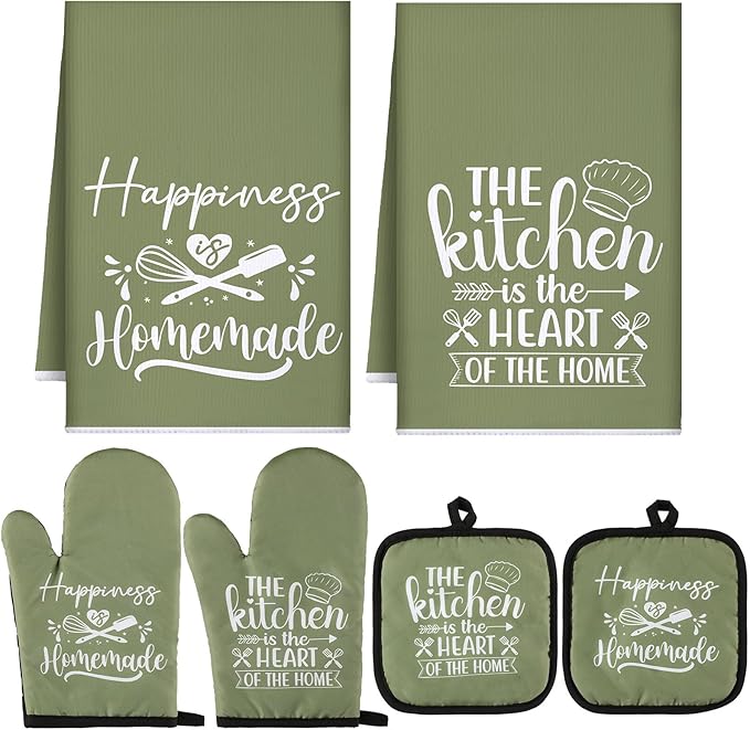 Sratte 6 Pcs Kitchen Decor Accessories Set Farmhouse Towels Pot Holders Oven Mitts Set 2 Dish Towels 2 Potholders 2 Cooking Mittens Oven Glove for Christmas Baking Cooking Supply(Green,Kitchen)