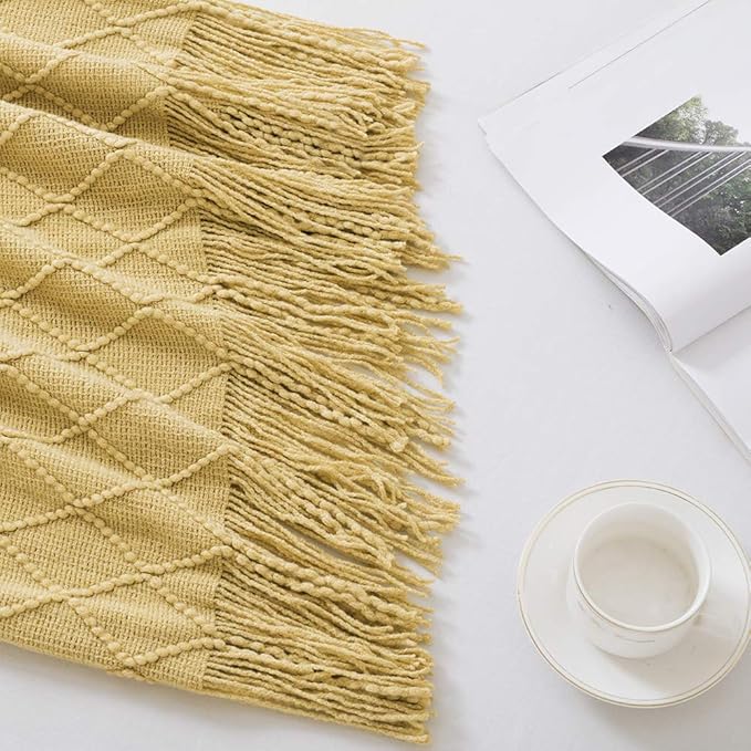 BOURINA Mustard Throw Blanket 50 x90 Inches Throw Textured Solid Soft Sofa Throw Bed Runner Couch Cover Knitted Decorative Blanket Bed Runner