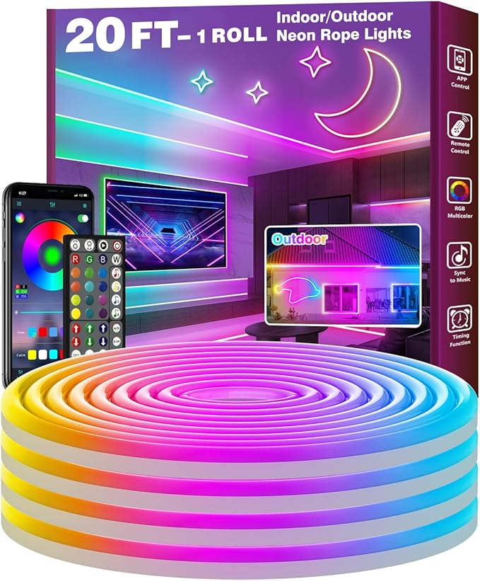 20Ft Led Rope Lights, Flexible Neon Lights Control with App/Remote, Multiple Modes, IP65 Outdoor RGB Waterproof, Music Sync Gaming Light Strip for Bedroom Decor