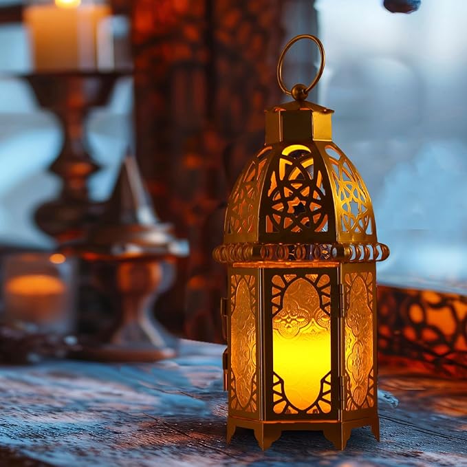 DECORKEY Moroccan Lanterns Decorative Indoor & Outdoor, 11’’ Medium Size Golden Metal Hanging&Tabletop Candle Holder Decor, Halloween Christmas Ramadan Decorations for Home Porch Patio (Golden)