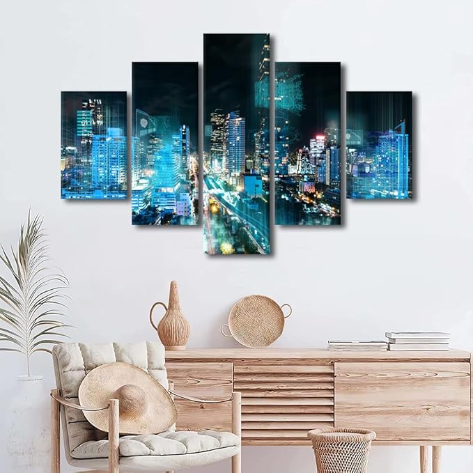 Night Cityscape Wall Art Thailand Wireless Network Picture Modern Home Decoration 5 Panel Smart City Poster Internet Workers Bedroom Decoration Frame and Stretched Ready to Hang 60x40 Inch