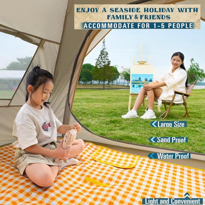 Extra Large Picnic Blanket Beach Blankets, 80''x60'' Picnic Mat Waterproof Sand Proof Foldable Portable for Outdoor Camping Hiking Travel Grass Park Music Festival Lawn Mats (yellow, 80x60 inch)