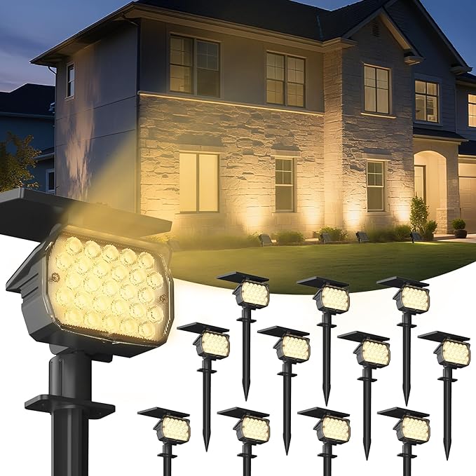 VOLISUN Solar Spotlight Outdoor, IP67 Waterproof Solar Landscape Spot Lights，Uplights for Yard Garden Pathway - 12 Pack (Warm White) 27 LED 3 Lighting Modes