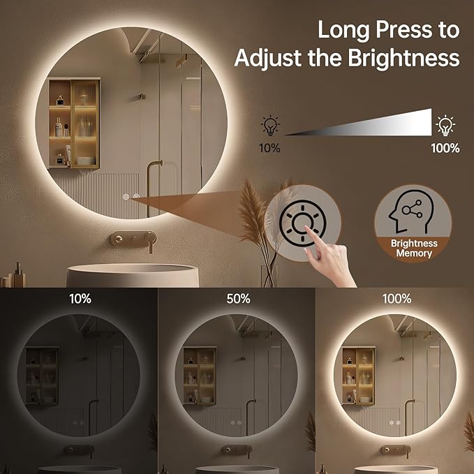 LOVESPEJO 30 Inch Round Backlit Bathroom Mirror with Lights, Circle LED Mirror for Bathroom, Fogless, Stepless Dimmable, 3 Color Changing, Memory, IP54, Shatter-Proof