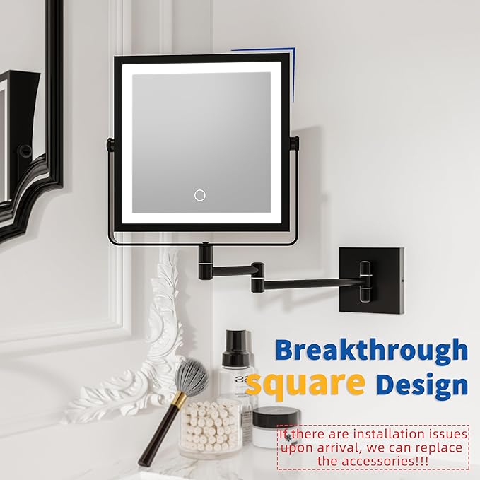 Ruacq Rechargeable Wall Mounted Makeup Mirror with Lights, Double Sided 1X/10X Magnifying Vanity Mirror with 3 Color Lighting, Touch Screen Dimmable, 360° Rotation Extension Foldable Arm(Matte Black)