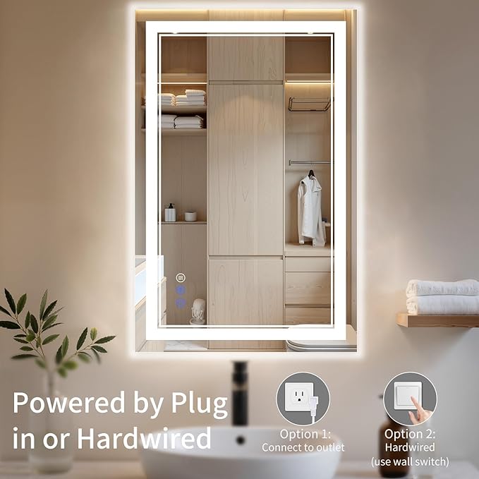 24"x42" LED Bathroom Mirror with Lights, Anti-Fog, Backlit + Front Lit, Dimmable, Led Vanity Mirror for Wall, Lighted Bathroom Mirror, 3 Colors, Shatter-Proof Tempered Glass