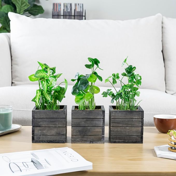 MyGift Trio of Artificial Assorted Green Leaf Plants Potted in Vintage Gray Wood Crate Style Square Boxes, Faux Foliage Indoor Tabletop Houseplants, 3 Piece Set
