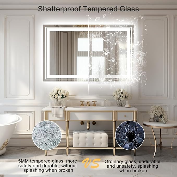 WTTY LED Bathroom Mirror 48"x32" with Back and Front Light,Modern LED Mirror for Bathroom,Dimmable Lighted Bathroom Vanity Mirror with Anti-Fog,Memory Function,Shatter-Proof,Wall Mounted