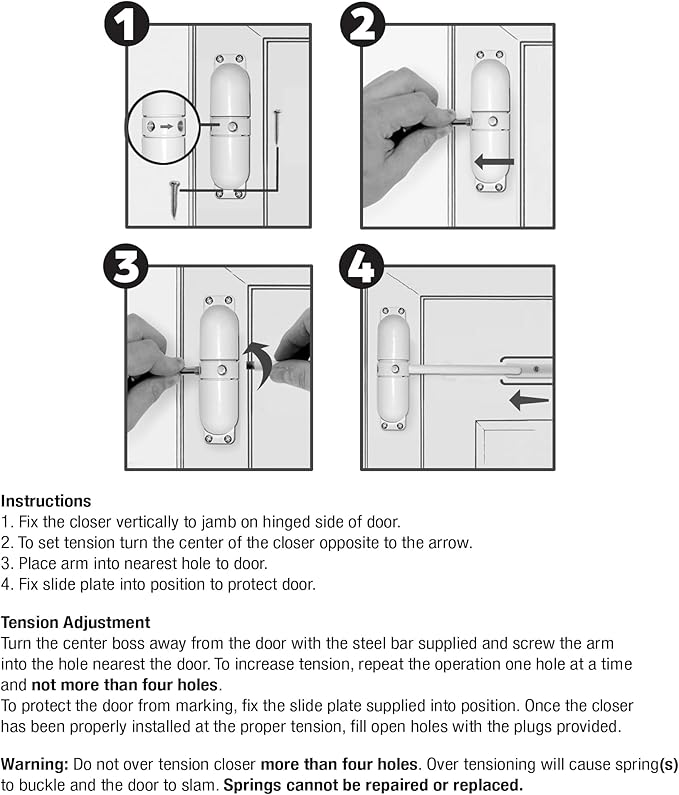 Prime-Line KC10HD Safety Spring Door Closer – Easy to Install to Convert Hinged Doors to Self-Closing – Diecast Construction, 4-1/4 In. White, Non-Handed (Single Pack)