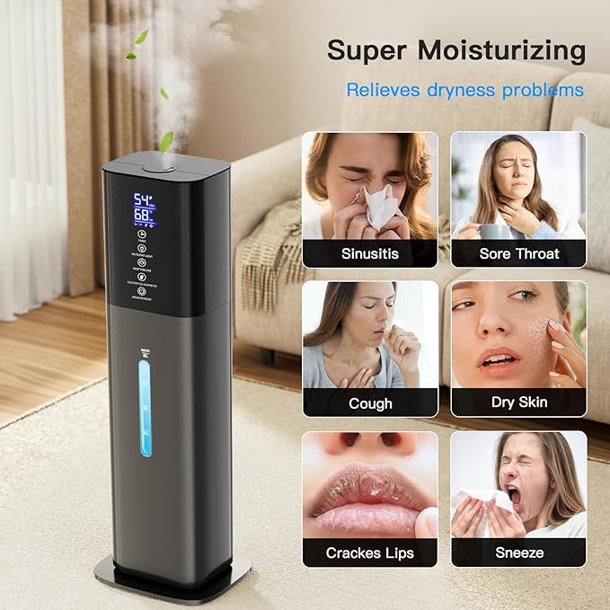 Humidifiers Large Room Bedroom with 7 Colors Light, 2.1Gal(8L) 3 Speed Quiet Ultrasonic Cool Mist Humidifier with 360° Nozzle, Humidity Setting, Timer,Aroma Box for Home Plant Baby Yoga Sleep (Gray)
