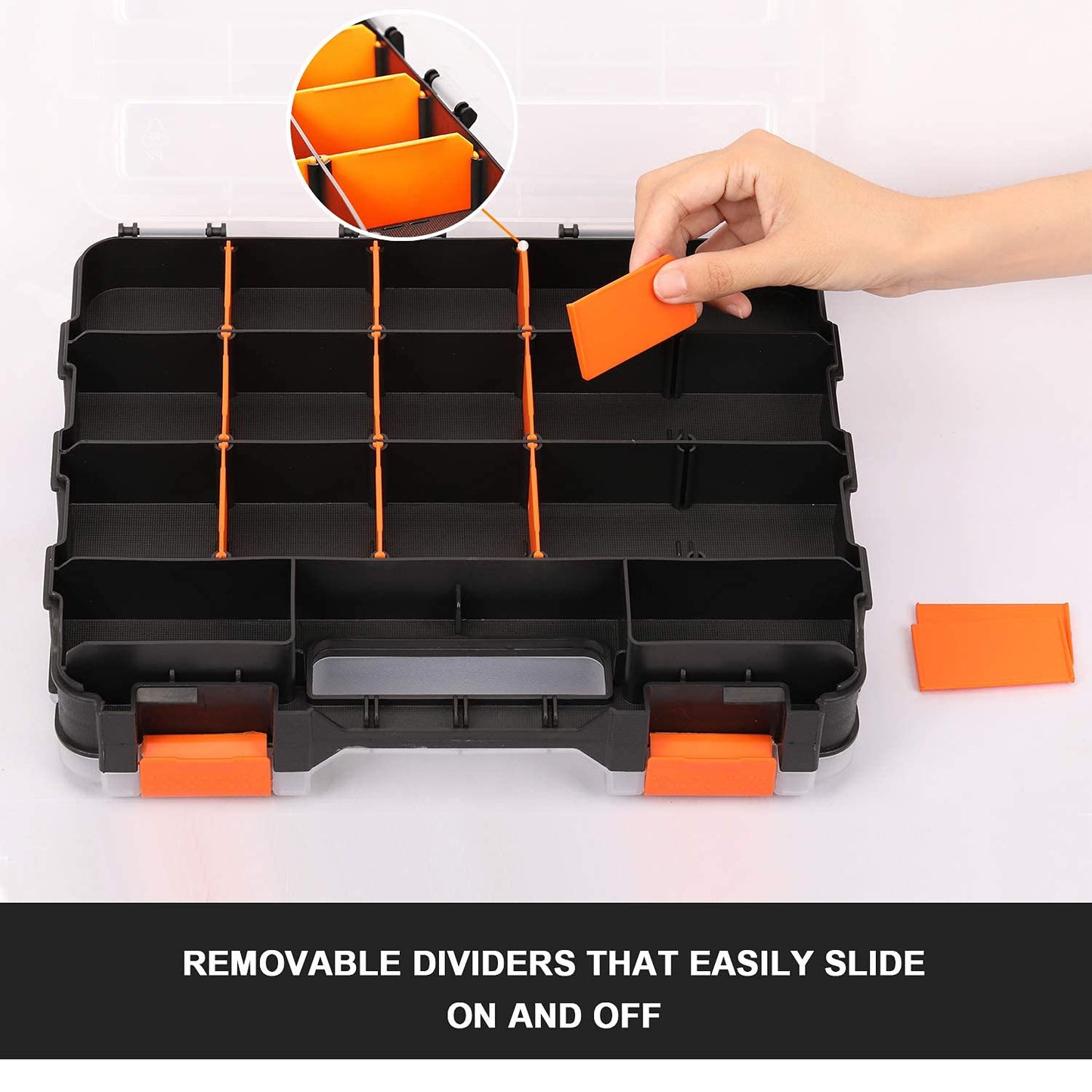 Mayouko Double Side Tools Organizer, Customizable Removable Plastic Dividers, Hardware Box Storage, Excellent for Screws,Nuts,Small Parts, 34-Compartment, Black/Orange,12.6"L x 10.6""W x 3.2""H"