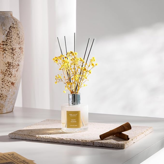 Airkeep Reed Diffuser Set,6.76 fl oz (200 ml) - White Jasmine Oil Diffusers with 8 Reed Sticks, Home Fragrance Reed Diffuser for Bathroom Shelf Decor