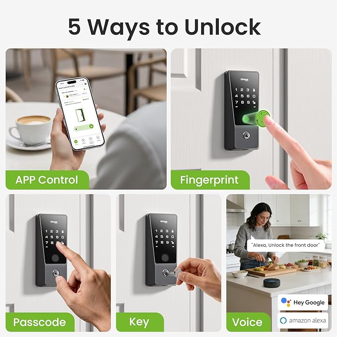GHome Smart WiFi Deadbolt Locks for Front Door, 5-in-1 Fingerprint Keyless Entry Door Lock, Indoor Smart Lock for Home Hotel with 10000mAh Battery,Work with Alexa & Hey Google, App Control, Auto Lock