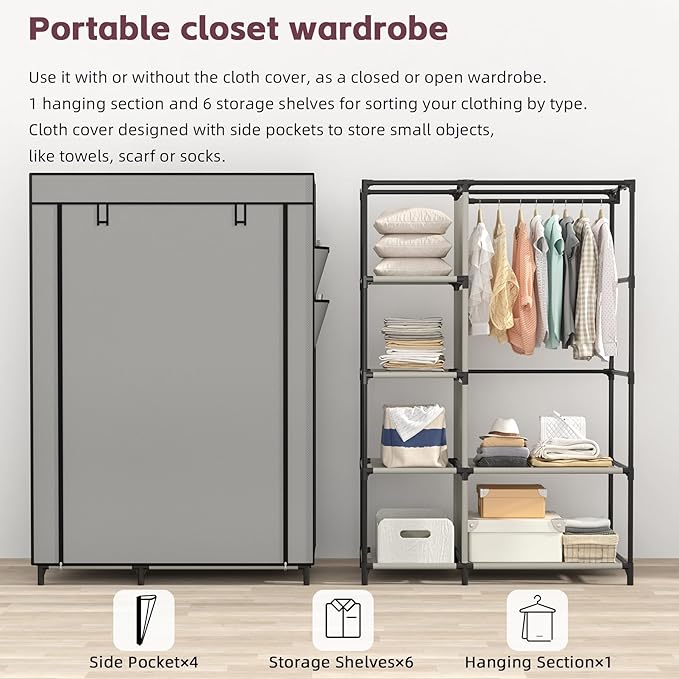Calmootey Portable Closet Organizers, Clothing Storage, Wardrobe with 6 Shelves and Hanging Rod, Non-Woven Fabric Cover with 4 Side Pockets, Grey