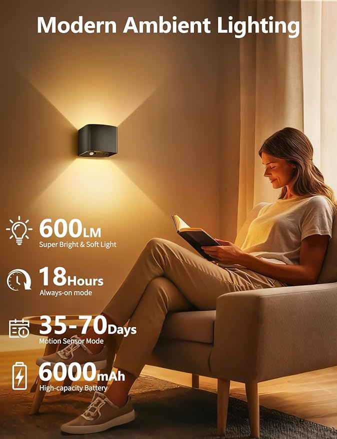 Rechargeable Motion Sensor Wall Light, Black 6000mAh LED Wireless Sconces with Remote Control, 10-100% Dimmable 2700K-6500K, Adjustable Beam Angle, Battery Operated, 3 Modes for Indoor Bedroom, 2-Pack