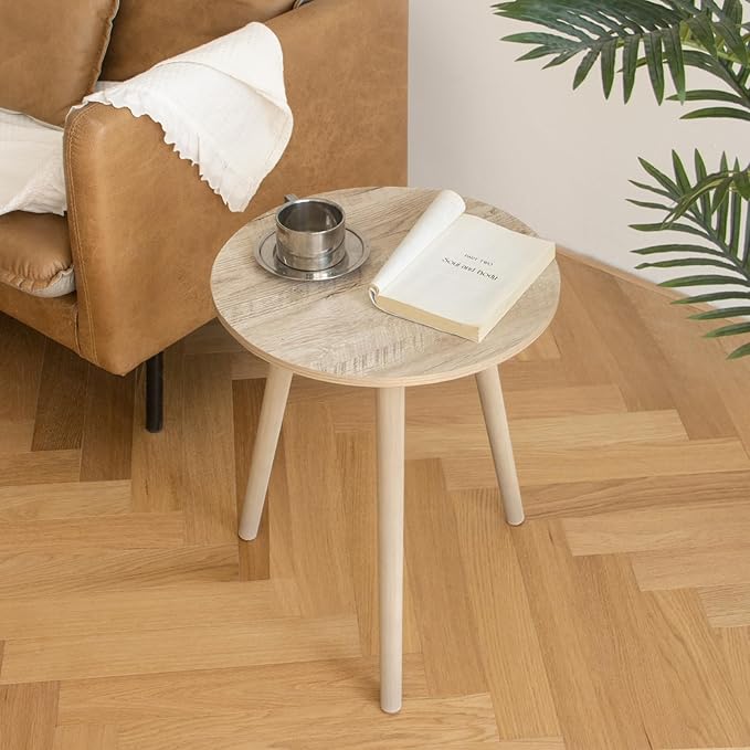 AWASEN Round Side Table, Modern Small End Table for Living Room, Wood Accent Drink Table for Small Space with Solid Wood Legs, Easy Assembly, Rustic White Oak