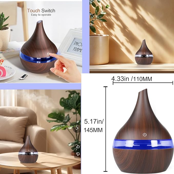 300ml Cool Mist Humidifier, 10-20H Runtime Ultra-Quiet 24dB Bedroom Humidifier with 7 Color Lights & 2 Mist Modes, Auto Shut-Off, Small Space Humidifiers for Baby Nursery Home Office (Brown)