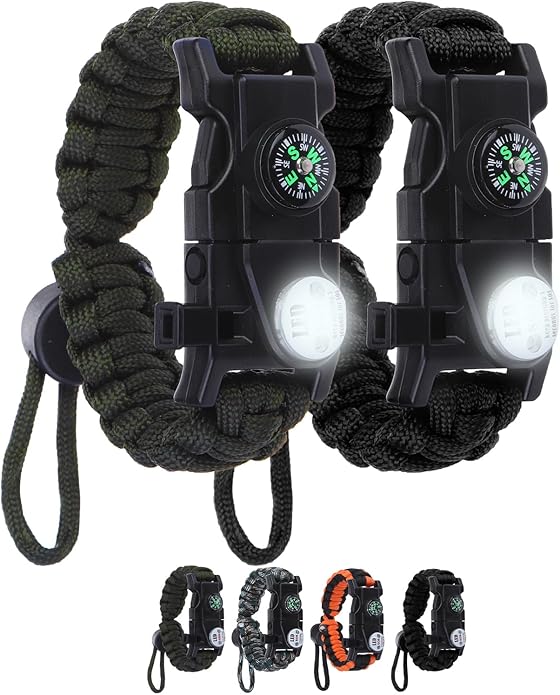 Adjustable Survival Paracord Bracelet, 2 Pack Emergency Fire Starter Kit with Loud Whistle Compass Light Flint Steel for Hiking Fishing Hunting, Tactical Gear Equipment Multitools