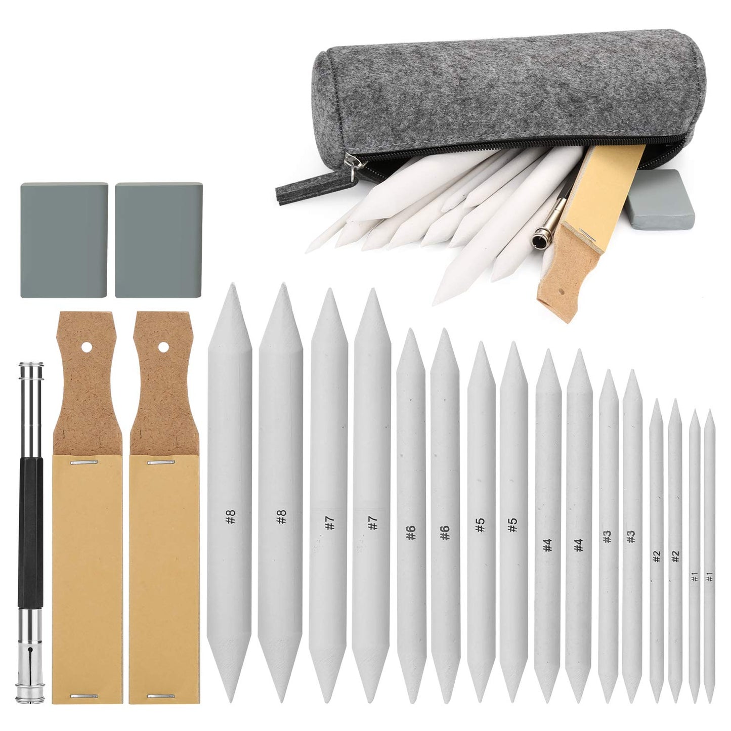 AGPTEK 22 PCS Sketch Drawing Tools, 16 Blending Stumps Set with 2 Sandpaper Pencil Sharpeners, 1 Pencil Extension Tool, 2 Erasers & 1 Felt Bag for Student Sketch Drawing Accessories