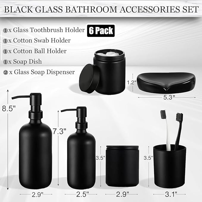 6PC Matte Black Bathroom Accessories Set with Glass Soap Dispenser | Modern Bathroom Organizer & Decor Set incl. Toothbrush, Qtip Holder