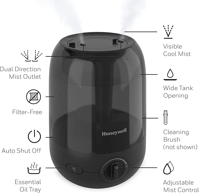 Honeywell Ultra Comfort Cool Mist Humidifier, No Filter, Easy to Fill and Clean, Cleaning Brush Included, Ultra Quiet, Use With Essential Oils for Extra Comfort, Black, HUL545B