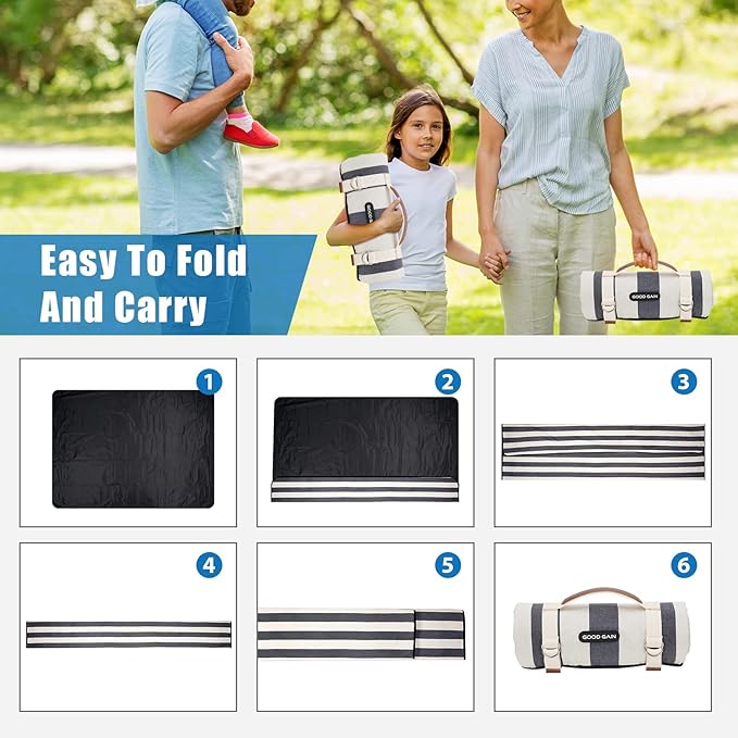 G GOOD GAIN Waterproof Picnic Blanket Portable with Carry Strap for Beach Mat or Family Outdoor Camping Party, Park Blanket for Grass Park, Hiking, Travel, Concerts (Denim Blue)