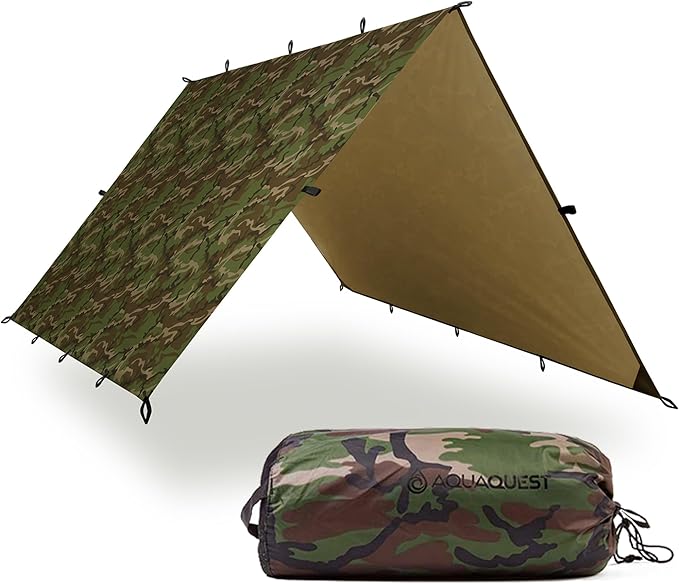 AquaQuest Defender Camping Tarp - Heavy Duty Tent Shelter or Rain Fly - Waterproof Camping Essentials for Hiking, Bushcraft & Hammock, 15 x 15 ft, Woodland Camo