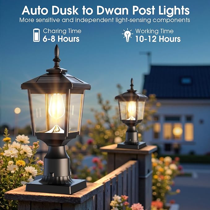 Greluna Solar Post Light with Pier Mount Base, 3000K Dusk to Dawn Lamp, Waterproof Outdoor Garden Yard Landscape Lighting, Decorative Pillar Light