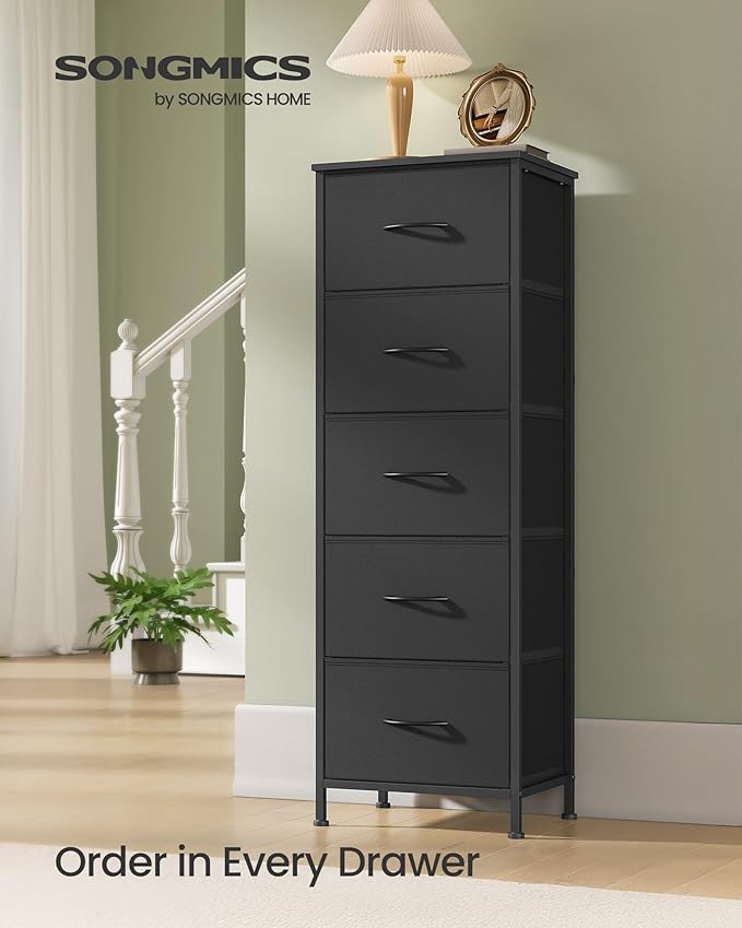 SONGMICS Dresser for Bedroom, Chest of Drawers, Steel, MDF, 5 Non-Woven Fabric Drawers, Storage Organizer Unit, Closet, Entryway, Ink Black and Ebony Black LGS315B01S