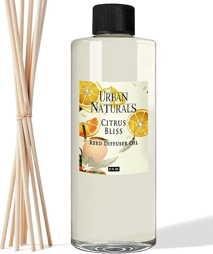 Urban Naturals Reed Diffuser Oil Refill Citrus Bliss with Mandarin, Grapefruit, Lemon Water, Clementine, Green Notes 8 oz + Free Reed Sticks, Made in the USA