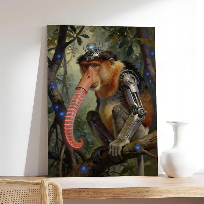 Framed Steampunk Mechanical Proboscis Monkey Wall Art - Jungle Neon Retro Poster for Apartment Leisure Area Decor 08x12inch(20x30cm)